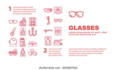 Eye Glasses And Lens Landing Web Page Header Banner Template Vector. Glasses Different Frames And Sponges For Cleaning, Recipe For Buy Treatment Device Illustration