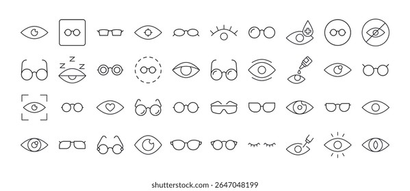 Coleção de Ícones de Linha de Olhos e Óculos. Outline Signs para Gráficos e Web Design, Apps, Anúncios, Vários Cartões 