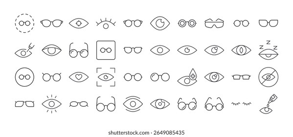 Pacote de ícone de linha de óculos e olhos. Outline Signs para Gráficos e Web Design, Apps, Anúncios, Vários Cartões 