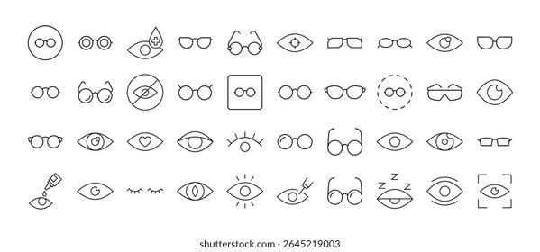 Eye and Glasses Line Icon Set. Outline Signs for Graphic and Web Design, Apps, Adverts, Various Cards 