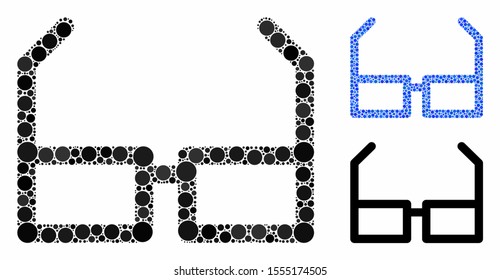 Eye glasses mosaic of small circles in different sizes and color tinges, based on eye glasses icon. Vector filled circles are grouped into blue composition.