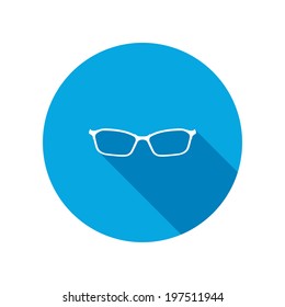 Eye glasses. Optical glass appliance for vision.  Round circle flat icon with long shadow. Vector