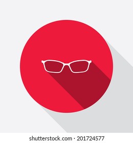 Eye glasses. Optical glass appliance for vision.  Round red circle flat icon with long shadow. Vector