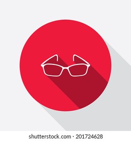 Eye glasses. Optical glass appliance for vision.  Round red circle flat icon with long shadow. Vector