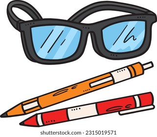 Eye Glasses and Pen Cartoon Colored Clipart 