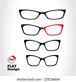 Eye glasses set. Optical glass appliance for vision. Black with red silhouette on white background with logo, label. Flat design. Vector isolated