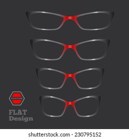 Eye glasses set. Optical glass appliance for vision. Black with red silhouette on black background with logo, label. Flat design. Vector isolated