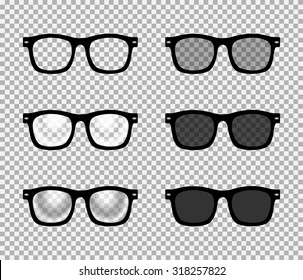Eye glasses set : sunglasses   reading eyeglasses and black color frame   semi transparent lens in different shade  Classic wayfarer design  vector art image illustration  isolated background