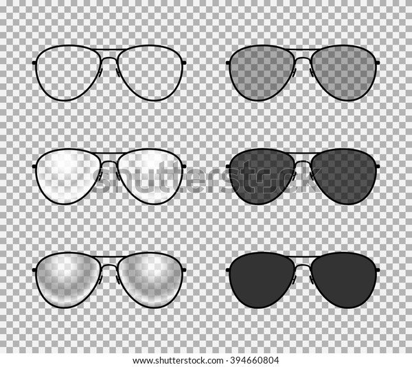 Eye glasses set : sunglasses and reading\
eyeglasses with black color frame and semi transparent lens in\
different shade. Classic aviator design. vector art image\
illustration, isolated on\
background