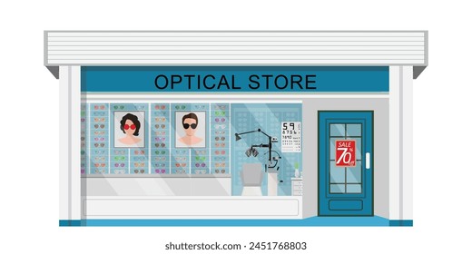 Brillenlager vorne mit Accessoires, Optiker, Sichtkontrolle und Brille, Optik Shop Vektorillustration.