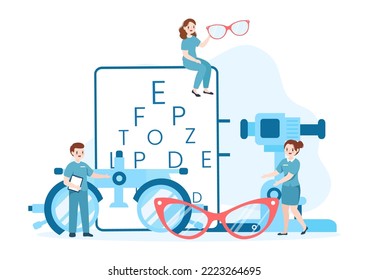 Tienda de gafas oculares o tienda óptica con accesorios, óptica, revisión de la visión y anteojos en caricaturas planas plantillas dibujadas a mano Ilustración