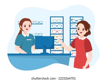 Eye Glasses Store or Optical Shop with Accessories, Optician, Checking Vision and Eyeglasses in Flat Cartoon Hand Drawn Templates Illustration