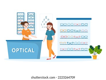 Eye Glasses Store or Optical Shop with Accessories, Optician, Checking Vision and Eyeglasses in Flat Cartoon Hand Drawn Templates Illustration