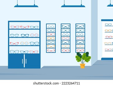 Eye Glasses Store or Optical Shop with Accessories, Optician, Checking Vision and Eyeglasses in Flat Cartoon Hand Drawn Templates Illustration