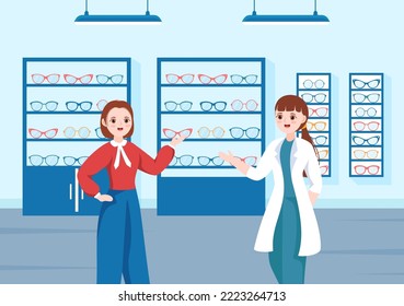 Eye Glasses Store or Optical Shop with Accessories, Optician, Checking Vision and Eyeglasses in Flat Cartoon Hand Drawn Templates Illustration