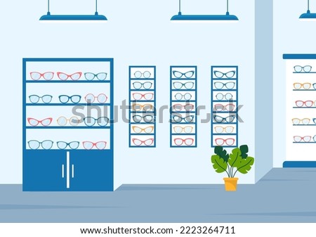 Eye Glasses Store or Optical Shop with Accessories, Optician, Checking Vision and Eyeglasses in Flat Cartoon Hand Drawn Templates Illustration