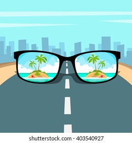 Eye Glasses With Summer Sea Island, Beach Picture Vacation Rest Dream Concept Road Big City Background Flat Vector Illustration