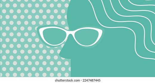 Eye glasses and sunglasses on vintage green banner. Flat vector.