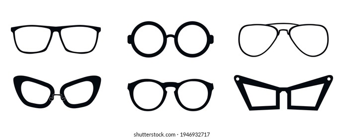 Juego de iconos vectoriales de gafas oculares. Ilustración de estilo plano, silueta aislada sobre fondo blanco.