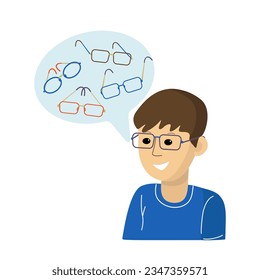 Eye glasses. World Sight Day. A guy with a happy expression ponders the choice of glasses. Man with glasses, vision problems. Purchase of glasses in an optician salon. Isolated white background. 