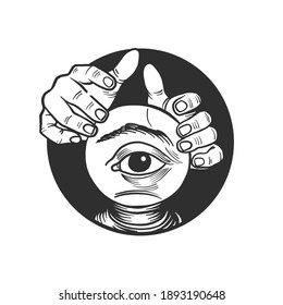 Un ojo, un globo y manos. Se puede usar como dibujo de un tatuaje.