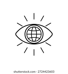 Olho com globo e raios de luz, simbolizando visão global ou tecnologia. Adequado para conceitos tecnológicos ou empresariais, temas de poder e inovação.