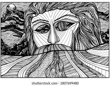 Eye of God, big head, giant face with patterns, mustache and hair on the background of clouds and the moon looks due to horizon at the earth, wide fields and rivers. Coloring, surreal, abstraction.