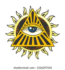Eye of God Providence tattoo masonic symbol sketch engraving vector illustration. T-shirt apparel print design. Scratch board style imitation. Black and white hand drawn image.