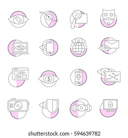 The eye of God. Set of flat icons. Surveillance on the network.
