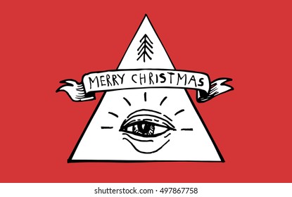 The Eye of God symbol with Merry Christmas hand writing. Ink doodle illustration.