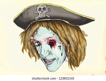 Eye gouge zombie pirate  Hand drawing into vector  Editable in 6 layers  Number colors in each layer: no more than sixteen  White color is excluded  Vintage paper (background) in the bottom layer 