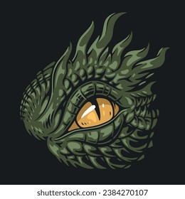 Eye green dragon sticker colorful with fragment of face of asian snake looking frighteningly at screen vector illustration