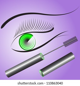 Eye with a green pupil and long black eyelashes, nearby ink for eyelashes. Vector. eps 8