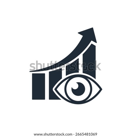 Eye and growing graph upwards. Increase in the number of views of content in social networks, the Internet. Vector linear icon illustration isolated on white background.