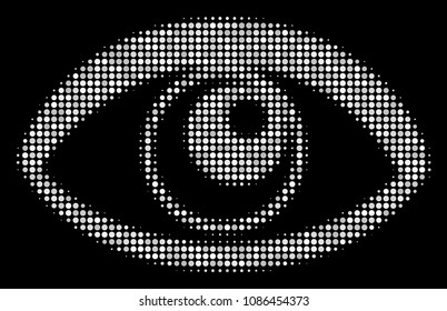 Eye halftone vector icon. Illustration style is dotted iconic eye icon symbol on a black background. Halftone pattern is spheric cells.