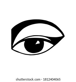 Eye hand drawing doodle. Female eye makeup. Isolated element. Suitable for design, pattern, postcard, print. Stock vector illustration.