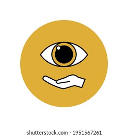 Eye and hand icon in a yellow circle. Treatment of the organs of vision. Achieve precision when performing tasks. Analytical, observational approach. Symbol for applications and websites. Vector.