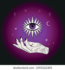 Ojo y mano. Ilustración de la premonición del espacio esotérico mágico intuitivo negro blanco