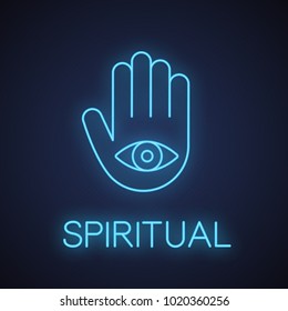 Eye in hand neon light icon. Spiritual glowing sign. Hand of Fatima. Vector isolated illustration