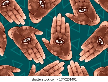 The Eye in Hand Seamless Pattern, vector illustration.