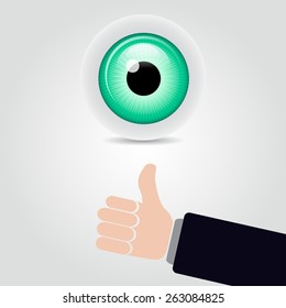 Eye and hand with thumb up, vector illustration