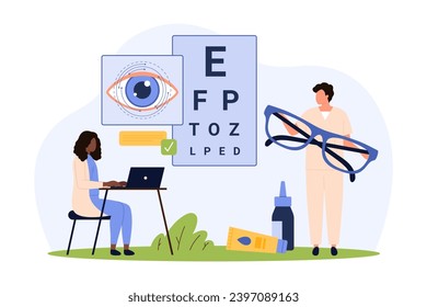 Eye health care, ophthalmology checkup vector illustration. Cartoon tiny people check patients eyesight with visual chart at ophthalmologist appointment in hospital, doctor optometrist holding glasses