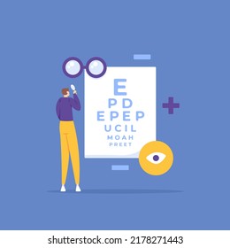 eye health check. perform an examination to determine the size of the eye minus or plus. people do an eye acuity test or visual acuity. world sight day. health problems. illustration concept design