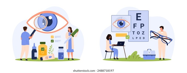 Untersuchung der Augengesundheit durch einen Ophthalmologen, Ophthalmologisches Set. Winzige Leute erforschen die Augenpupille mit Lupe, Optiker überprüfen das Sehvermögen mit Brille Cartoon-Vektorillustration