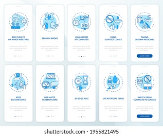 Eye health onboarding mobile app page screen with concepts set. Dry eyes trouble curing process walkthrough 10 steps graphic instructions. UI vector template with RGB color illustrations