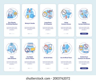 Eye health onboarding mobile app page screen with concepts set. Dry climate or windy weather walkthrough 10 steps graphic instructions. UI vector template with RGB color illustrations
