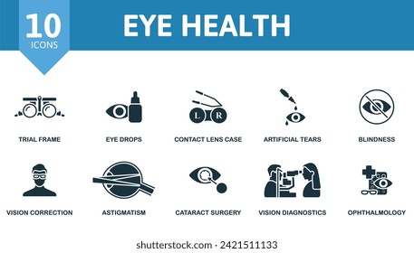 Eye health set. Creative icons: trial frame, eye drops, contact lens case, artificial tears, blindness, vision correction, astigmatism, cataract surgery, vision diagnostics, ophthalmology.