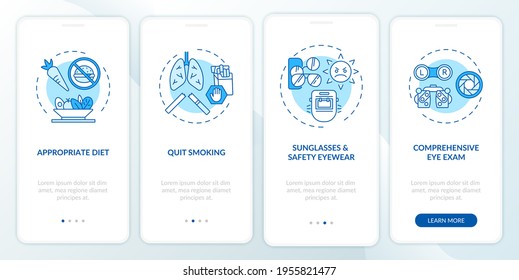Eye health tips onboarding mobile app page screen with concepts. Quit smoking to save vision walkthrough 4 steps graphic instructions. UI vector template with RGB color illustrations