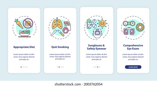Eye health tips onboarding mobile app page screen with concepts. Appropriate diet for treatment walkthrough 4 steps graphic instructions. UI vector template with RGB color illustrations