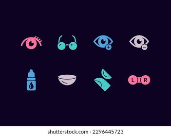 Eye health vector icon set. Ophthalmology medical icons. Optician and optometry procedures and equipment set.